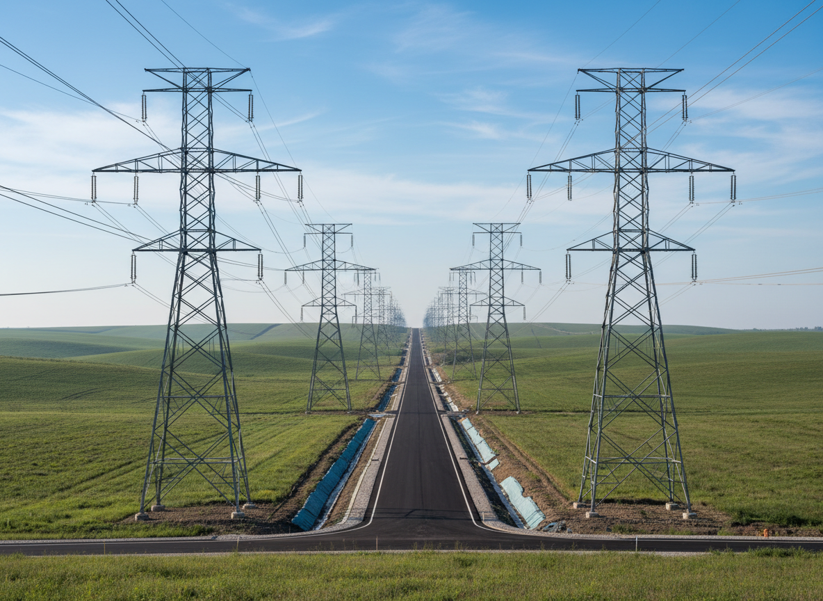 A panoramic photographic view of a high-voltage transmission corridor cutting through rolling countryside, tall lattice towers marching in a perfectly aligned sequence into the distance. The steel structures have a silvery, weathered sheen, their cross-arms precisely silhouetted against a clear blue sky with a few soft clouds. Below, a newly constructed access road with fresh asphalt and carefully graded shoulders follows the line route, bordered by trimmed vegetation and erosion-control works. Early morning natural light creates a clean, cool atmosphere with gentle shadows that highlight the terrain and civil works. Captured from a slightly elevated angle, the composition uses leading lines of towers and road to draw the eye into the frame, suggesting long-term planning, robust infrastructure, and environmental respect in a highly realistic, professional style.
