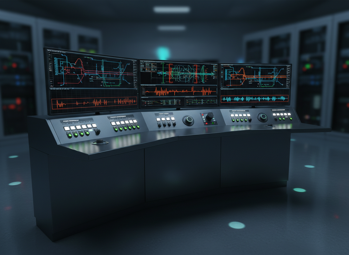 A close-up photographic scene of a sleek, dark-grey control room console with multiple ultra-wide monitors displaying detailed power grid diagrams, load flow charts, and real-time frequency waveforms in precise blues, greens, and oranges. The console surface has a matte, brushed metal finish with backlit status indicators and clearly labeled switches. The surrounding environment is dim and minimalist, with the glowing displays as the primary light source, casting cool reflections on the console and creating subtle pools of light on the smooth floor. The mood is focused and technical, conveying high-stakes decision-making and reliable grid operation. Shot at eye level with a shallow depth of field, the foreground controls are in crisp focus while auxiliary equipment in the background falls into a soft, professional bokeh, emphasizing clarity and modern engineering.