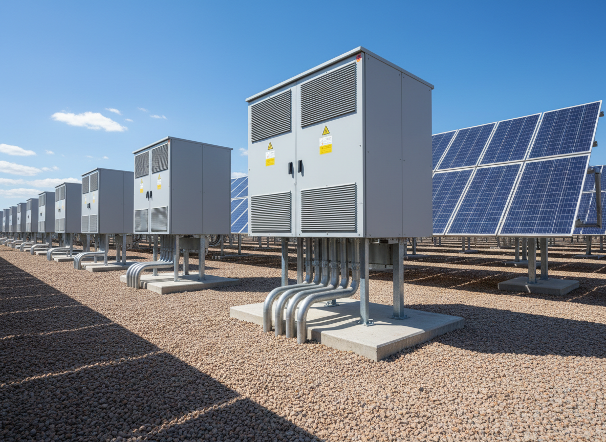 A detailed photographic close-up of a solar power plant’s central inverter station, featuring a row of industrial-grade inverter cabinets in light grey with precise ventilation grilles, warning labels, and neatly routed conduit emerging from their bases. In the midground, rows of dark-blue photovoltaic panels are visible, perfectly aligned on galvanized steel mounting structures anchored into a bed of compacted gravel. The scene is bathed in crisp, midday sunlight, producing sharp, clean shadows that emphasize the geometry of the installation and the reflective surfaces of the panels. The atmosphere is bright, efficient, and technologically advanced. Shot from a low, slightly angled perspective to give the inverter cabinets a sense of stature, with sharp focus throughout, the composition feels orderly and optimized, embodying professional solar engineering and grid integration.