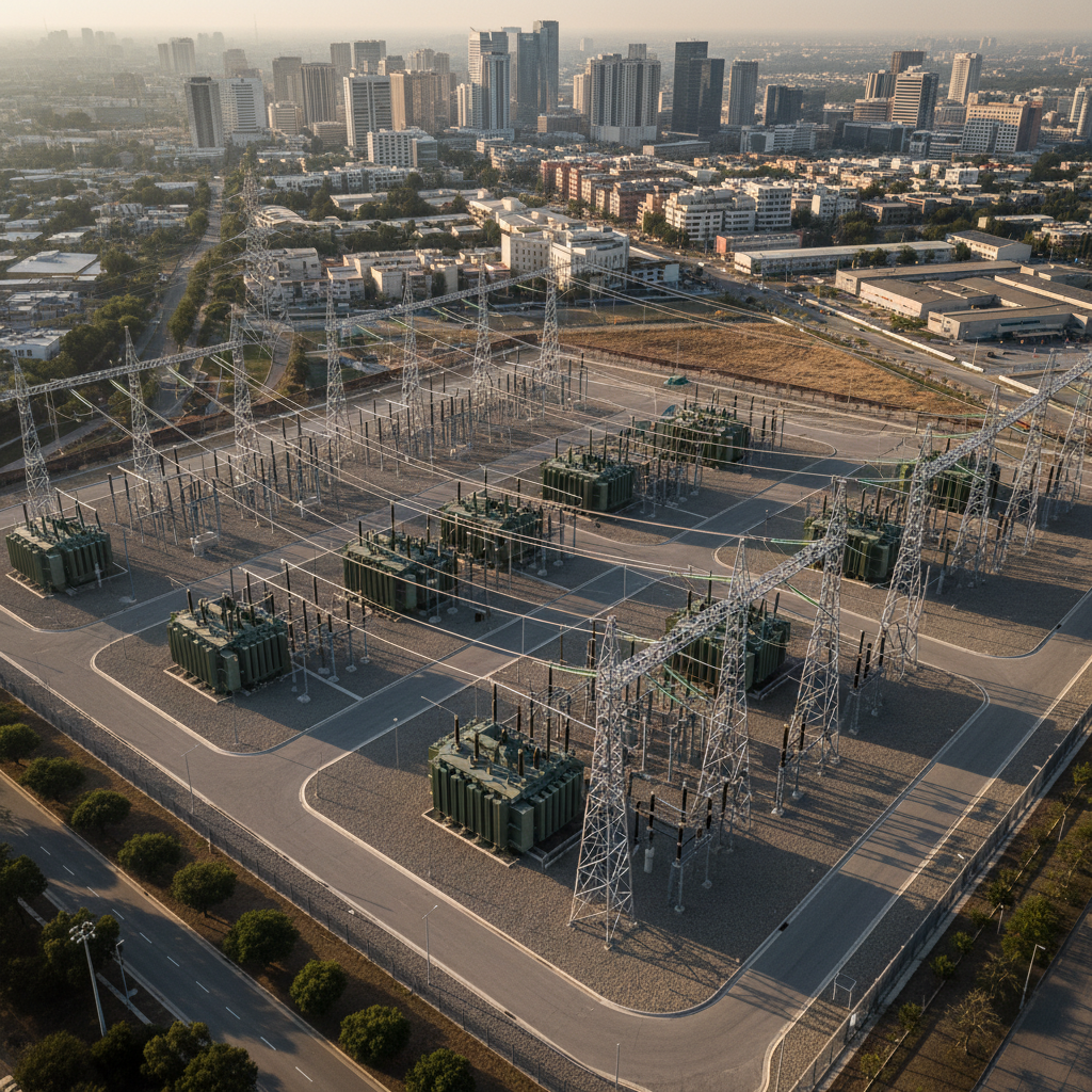 A wide aerial photographic view of a modern electrical substation integrated into a sprawling urban landscape, rows of gleaming steel transmission towers and high-voltage lines stretching toward the horizon. The substation yard is meticulously organized with transformers, switchgear, and busbars laid out in clean geometric patterns, surrounded by neatly paved access roads and manicured gravel beds. Late afternoon sunlight casts long, precise shadows, emphasizing the engineered symmetry and metallic textures. The atmosphere feels controlled, efficient, and highly professional. Captured with sharp focus and high dynamic range, the composition uses a slightly elevated angle and rule-of-thirds framing to balance the substation in the foreground with the city skyline and grid infrastructure receding into the distance, in a realistic, corporate photographic style.