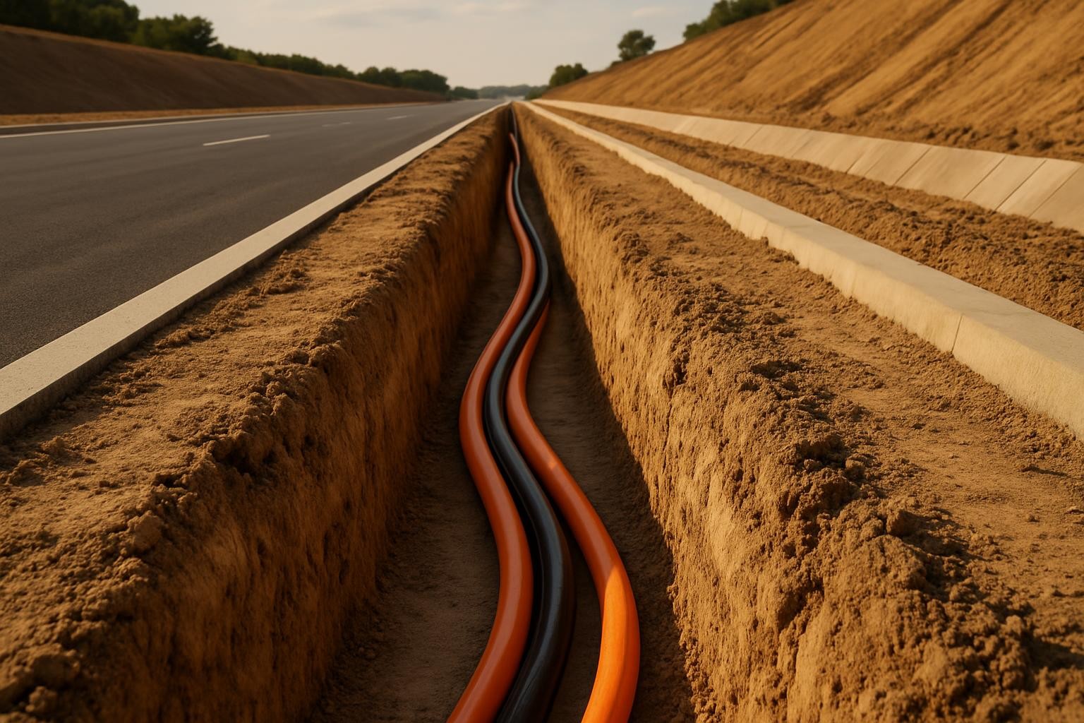 A long, linear photographic view down a freshly trenched corridor prepared for optical fibre laying alongside a partially completed highway. The trench is cleanly cut through compacted soil, with orange and black HDPE ducts neatly arranged in the base, curving smoothly as they follow the alignment. To one side, a new asphalt carriageway stretches into the distance with crisp white lane markings, while on the other, graded embankments and concrete drainage channels showcase coordinated civil works. Soft late-afternoon sunlight casts warm tones over the scene, accentuating textures in the soil, asphalt, and duct surfaces. The mood is forward-looking and methodical. Captured from a low, eye-level angle along the trench, the composition uses strong leading lines to convey precision planning and integrated infrastructure development in a realistic, professional aesthetic.