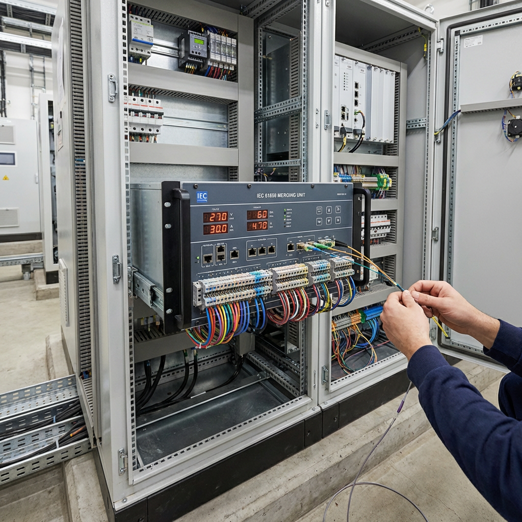 Technician wiring an IEC 61850 Merging Unit with digital displays in an electrical panel.