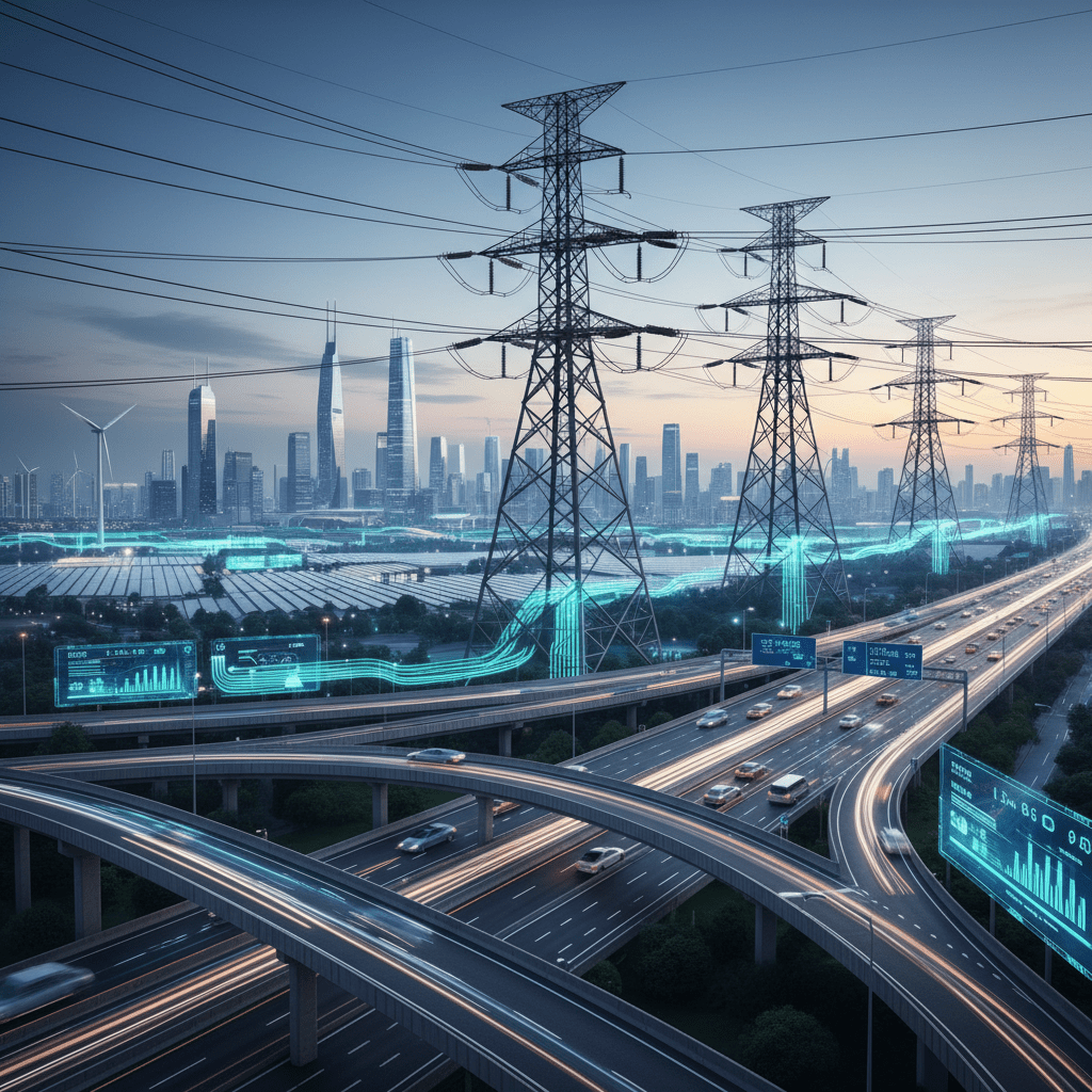 High-voltage power lines over a busy highway in a futuristic city with digital data overlays.