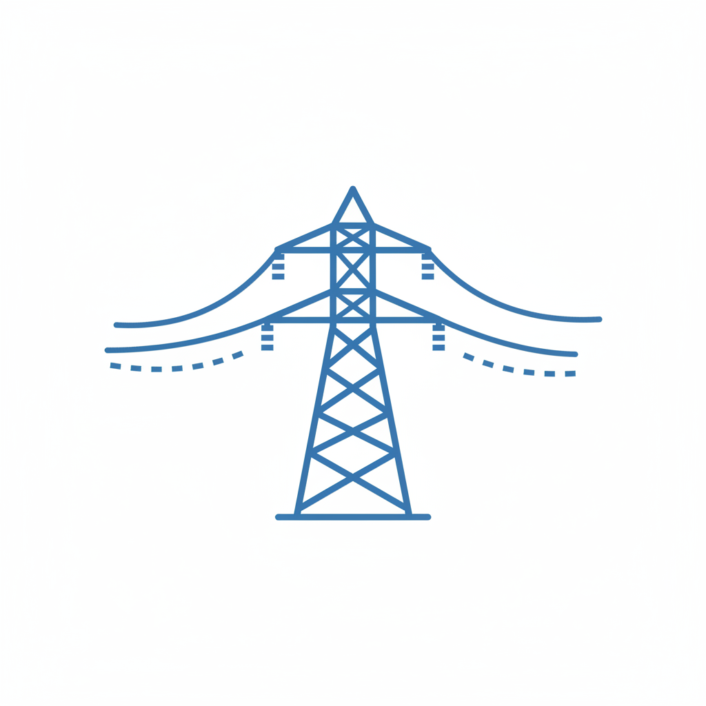 A clean, minimalist line icon representing EHV transmission: a stylized high-voltage transmission tower with power lines, designed in a simple, modern flat style that matches website service icons.