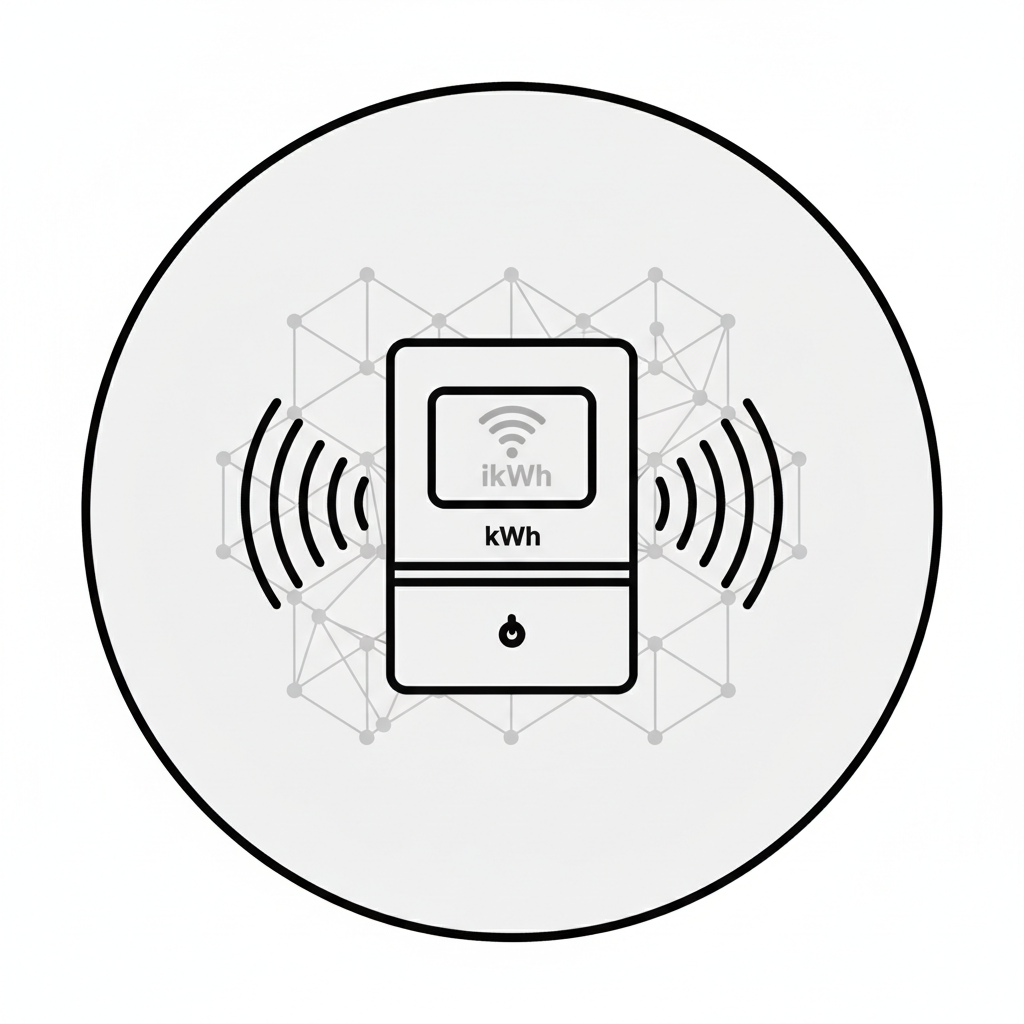 simple flat line-art icon representing smart grid and AMI solutions, featuring a stylized smart electricity meter with wireless signal lines and a subtle network grid in the background, matching the visual style and line weight of existing service icons on the site, on a transparent or solid simple background